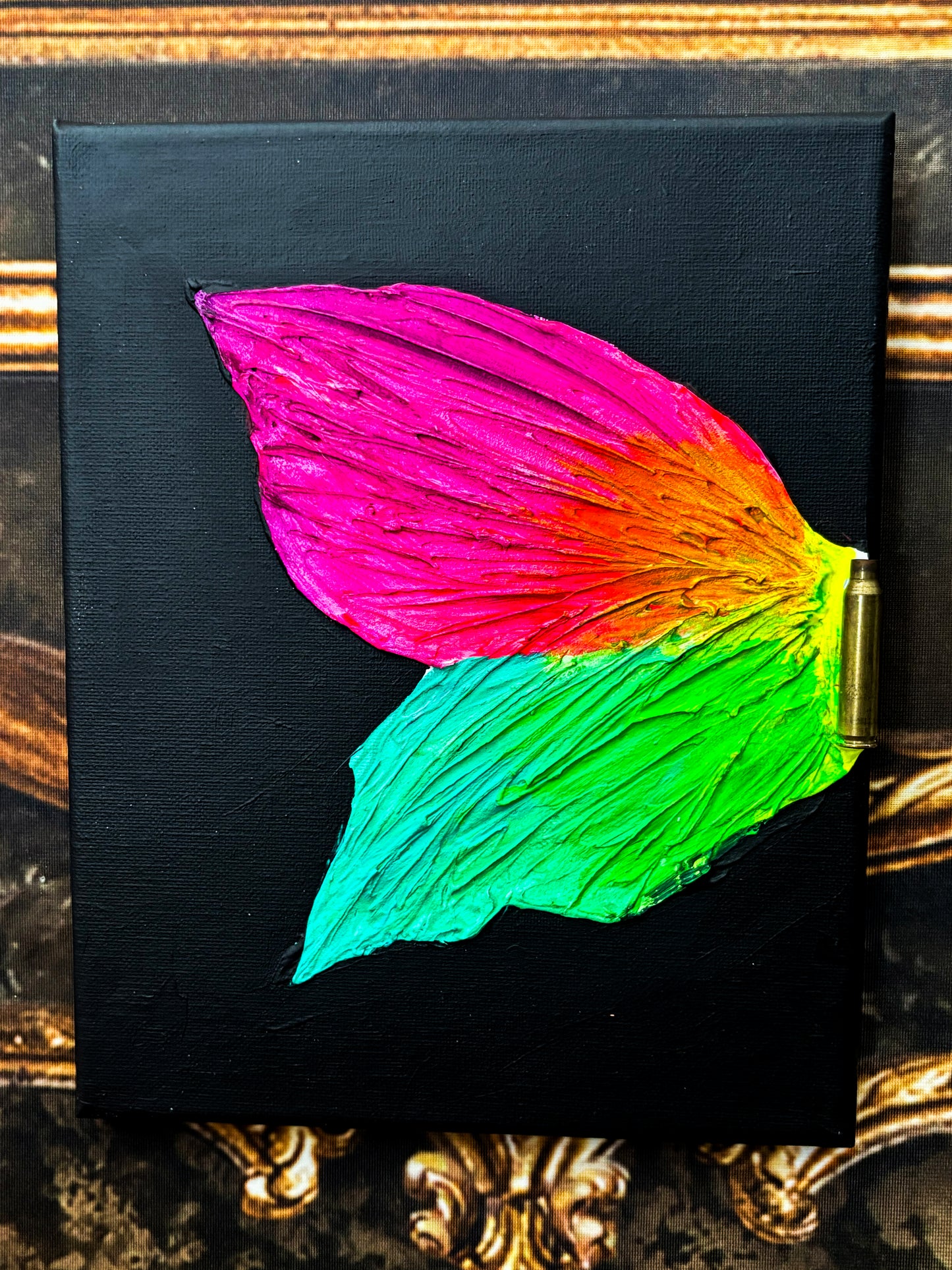 Soft Neon Bullet with Butterfly Wings - 8" x 10" - Acrylic / Modeling Paste on Canvas